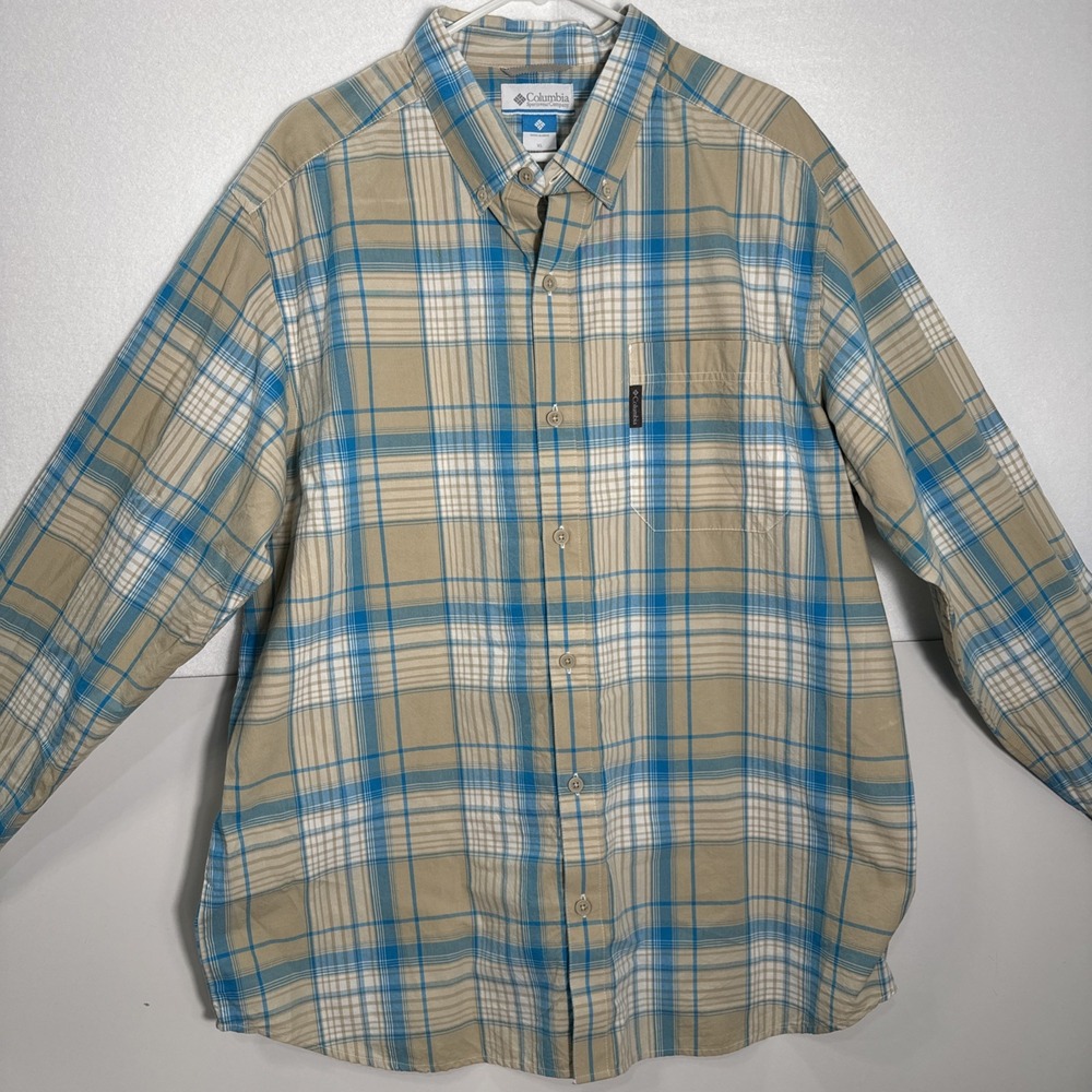 Columbia Shirt Mens Extra Large Blue‎ Tan Cream Plaid Long Sleeve Button Up